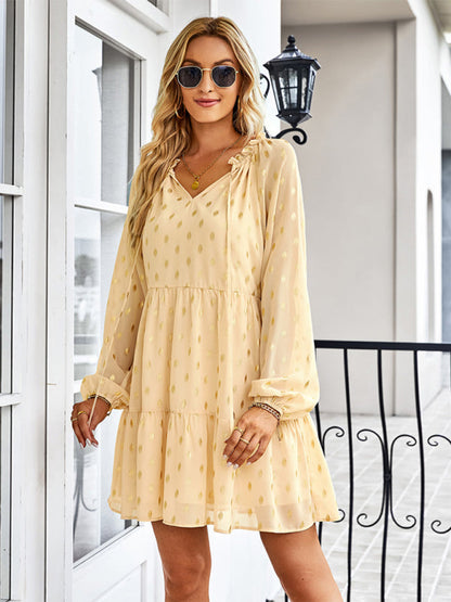 Tiered Dresses- Golden Dots Print Tiered Long Sleeve Dress- - Pekosa Women Clothing