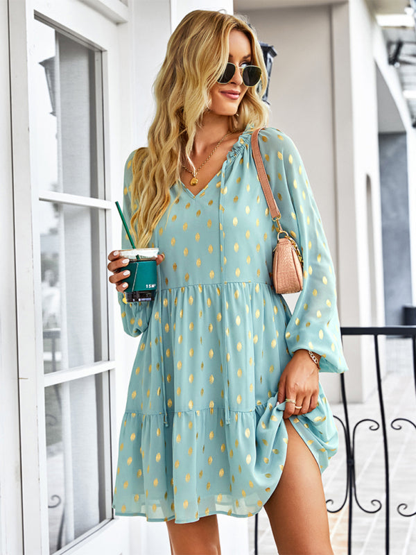 Tiered Dresses- Golden Dots Print Tiered Long Sleeve Dress- - Pekosa Women Clothing