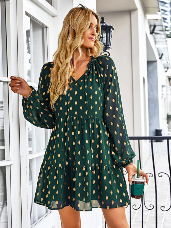 Tiered Dresses- Golden Dots Print Tiered Long Sleeve Dress- - Pekosa Women Clothing