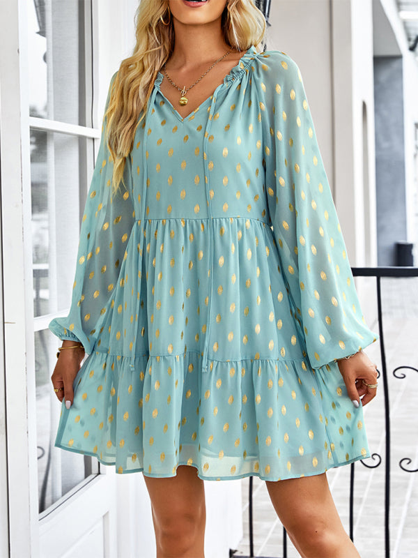 Tiered Dresses- Golden Dots Print Tiered Long Sleeve Dress- - Pekosa Women Clothing