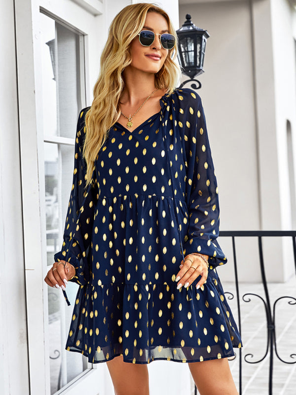 Tiered Dresses- Golden Dots Print Tiered Long Sleeve Dress- - Pekosa Women Clothing