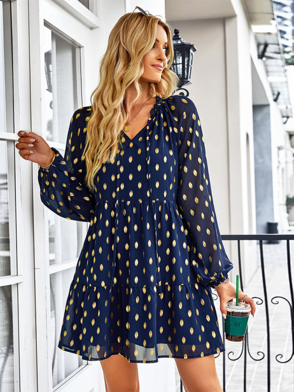 Tiered Dresses- Golden Dots Print Tiered Long Sleeve Dress- - Pekosa Women Clothing