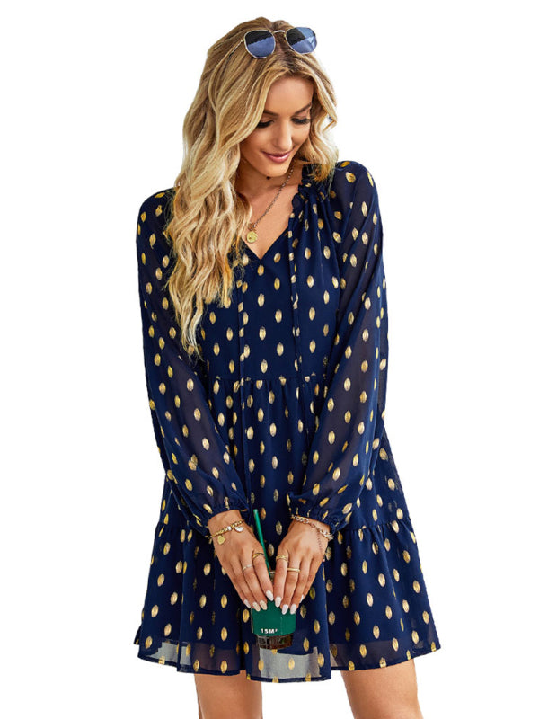 Tiered Dresses- Golden Dots Print Tiered Long Sleeve Dress- - Pekosa Women Clothing