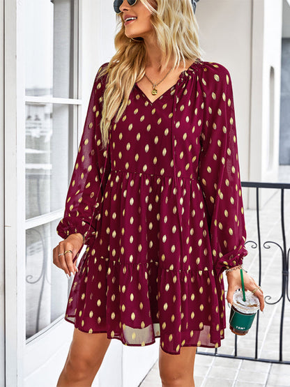 Tiered Dresses- Golden Dots Print Tiered Long Sleeve Dress- - Pekosa Women Clothing