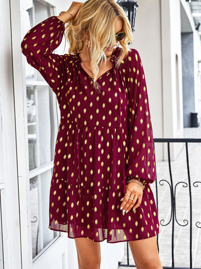 Tiered Dresses- Golden Dots Print Tiered Long Sleeve Dress- - Pekosa Women Clothing