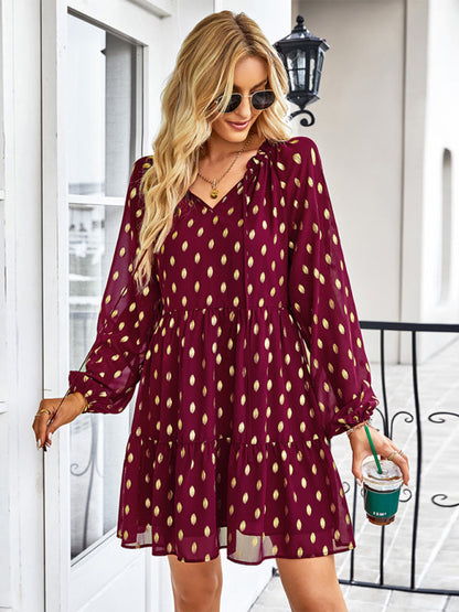 Tiered Dresses- Golden Dots Print Tiered Long Sleeve Dress- - Pekosa Women Clothing