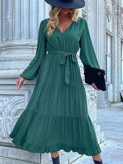 Tiered Dresses- Solid Tiered Ruffle Button Long Sleeve Dress- - Pekosa Women Clothing