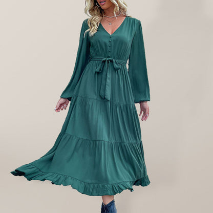 Tiered Dresses- Solid Tiered Ruffle Button Long Sleeve Dress- Dark green- Pekosa Women Clothing