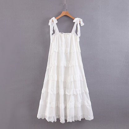 Tiered Dresses- Summer Romantic Tiered Ruffle Midi Dress with Bow Tie Shoulders- White- Pekosa Women Clothing