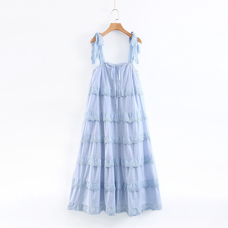 Tiered Dresses- Summer Romantic Tiered Ruffle Midi Dress with Bow Tie Shoulders- Blue- Pekosa Women Clothing