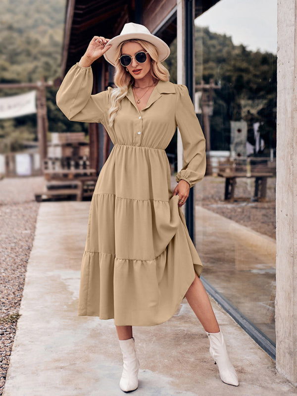 Tiered Dresses- Tiered Gathered Waist Button Long Sleeve Dress- Khaki Beige- Pekosa Women Clothing