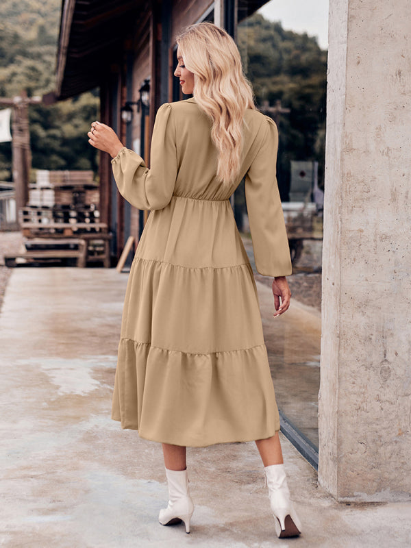 Tiered Dresses- Tiered Gathered Waist Button Long Sleeve Dress- - Pekosa Women Clothing