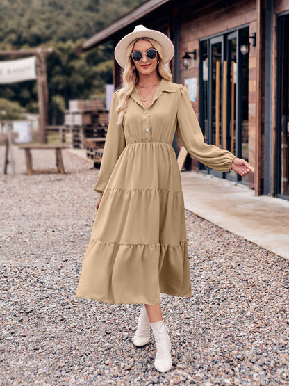 Tiered Dresses- Tiered Gathered Waist Button Long Sleeve Dress- - Pekosa Women Clothing