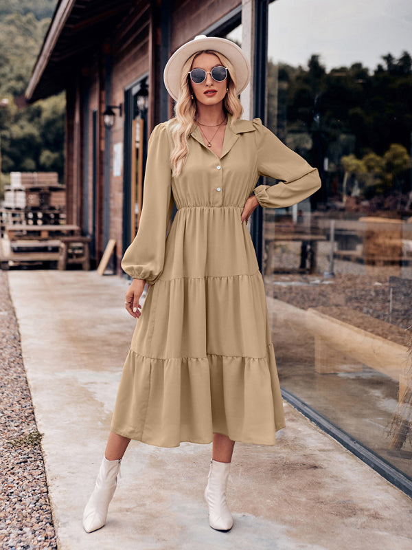 Tiered Dresses- Tiered Gathered Waist Button Long Sleeve Dress- - Pekosa Women Clothing