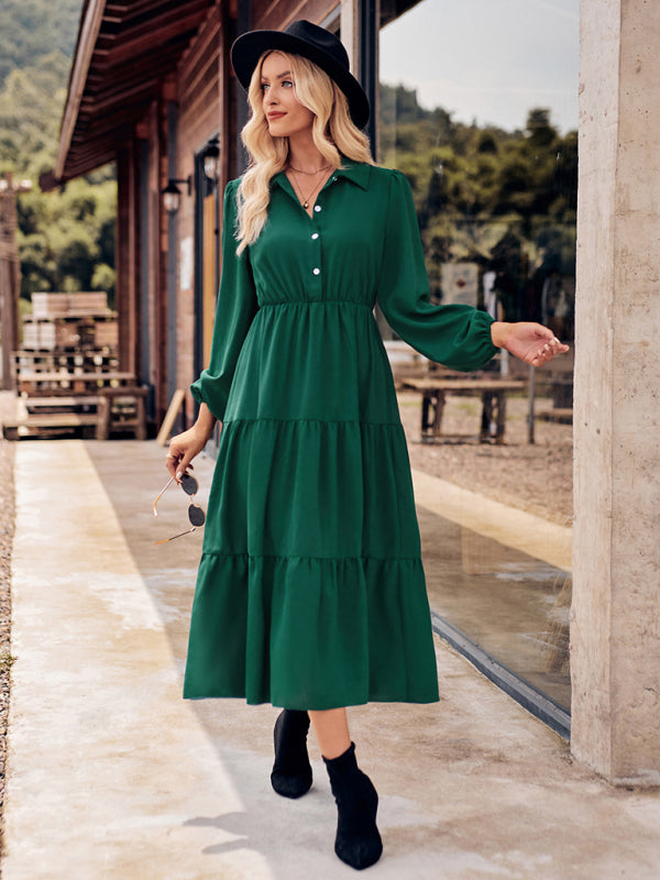 Tiered Dresses- Tiered Gathered Waist Button Long Sleeve Dress- - Pekosa Women Clothing