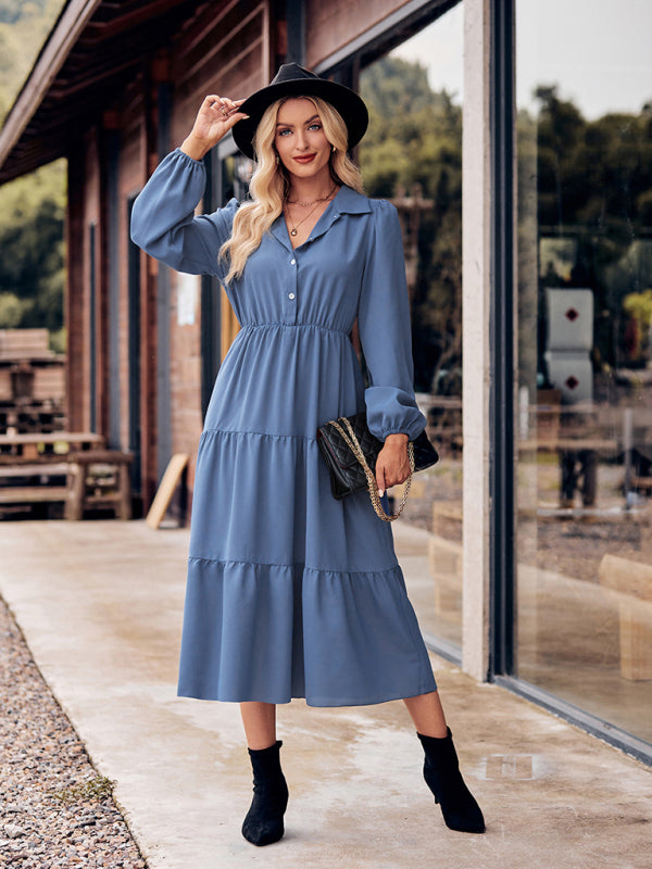 Tiered Dresses- Tiered Gathered Waist Button Long Sleeve Dress- - Pekosa Women Clothing