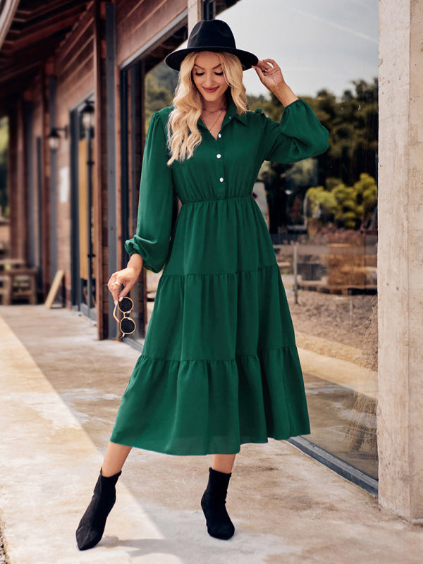 Tiered Dresses- Tiered Gathered Waist Button Long Sleeve Dress- Green- Pekosa Women Clothing