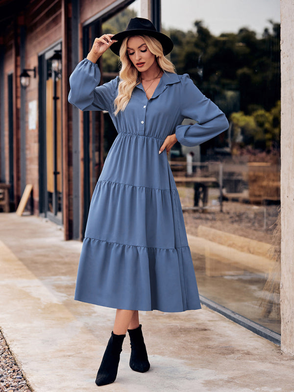 Tiered Dresses- Tiered Gathered Waist Button Long Sleeve Dress- - Pekosa Women Clothing