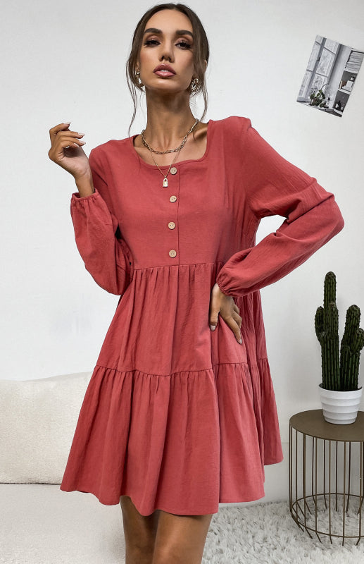 Tiered Dresses- Tiered Ruffle Pleated Button Cotton Dress- - Pekosa Women Clothing