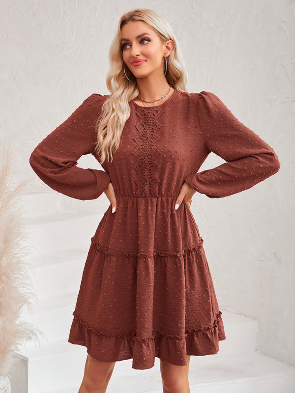 Tiered Dresses- Tiered Ruffle Swiss Dot A-Line Mini Dress with Long Sleeves- - Pekosa Women Clothing