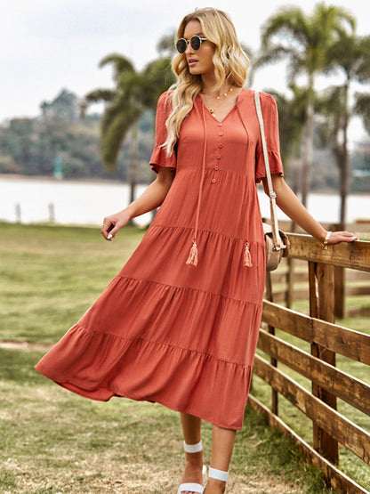 Tiered Dresses- Tiered Short Sleeves Midi Dress in Flowy A-Line Silhouette- Orange- Pekosa Women Clothing