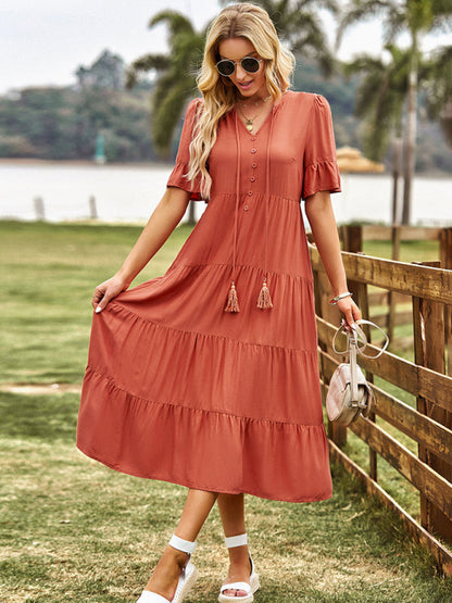 Tiered Dresses- Tiered Short Sleeves Midi Dress in Flowy A-Line Silhouette- - Pekosa Women Clothing