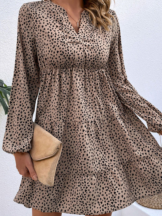 Tiered Dresses- Wild and Chic: Animal Print Mini Dress with Tiered Skirt & Long Sleeve- Khaki- Pekosa Women Clothing