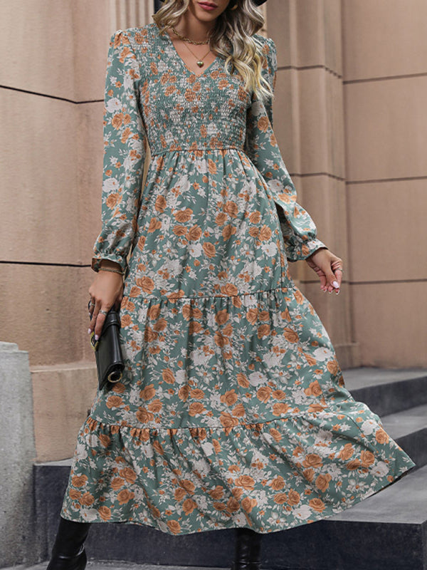 Tiered Maxi Dresses- Autumn Floral Smocked Body Lantern Sleeve Tiered Maxi Dress- Green- Pekosa Women Clothing