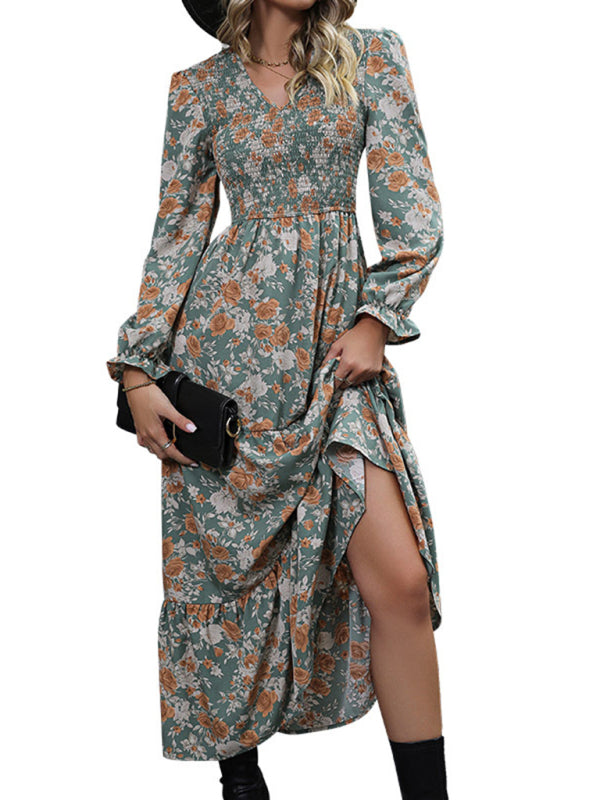 Tiered Maxi Dresses- Autumn Floral Smocked Body Lantern Sleeve Tiered Maxi Dress- - Pekosa Women Clothing