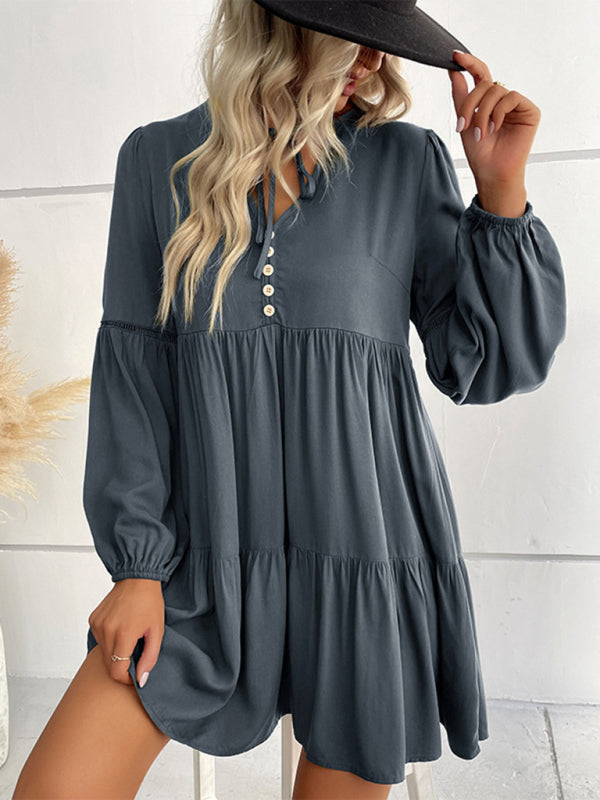 Tiered Mini Dresses- Solid Tiered Baggy Lantern Sleeve Mini Dress- Charcoal grey- Pekosa Women Clothing