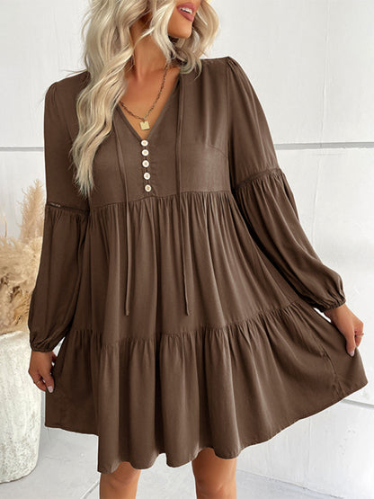 Tiered Mini Dresses- Solid Tiered Baggy Lantern Sleeve Mini Dress- Coffee- Pekosa Women Clothing