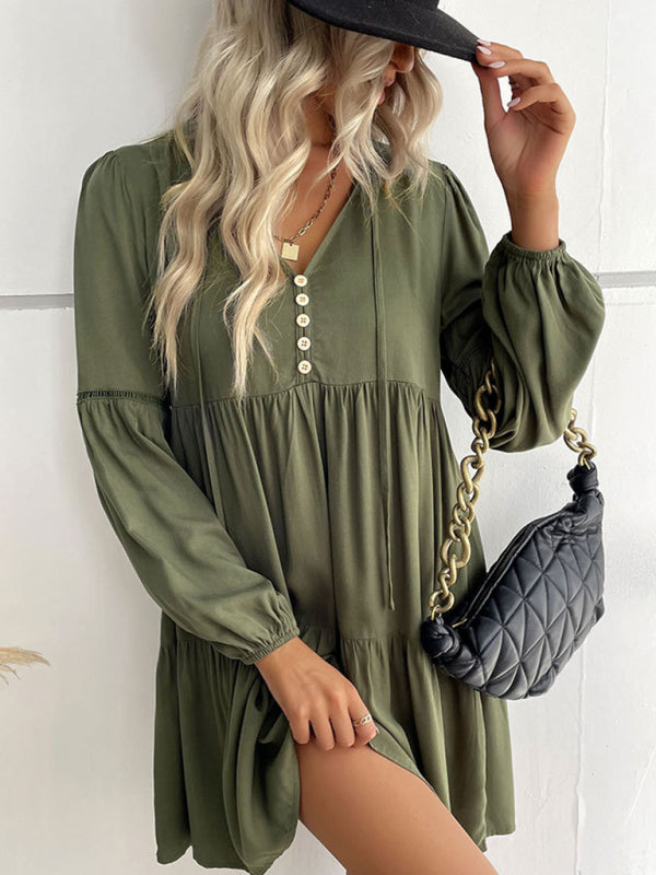 Tiered Mini Dresses- Solid Tiered Baggy Lantern Sleeve Mini Dress- Olive green- Pekosa Women Clothing