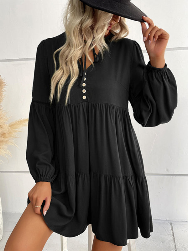 Tiered Mini Dresses- Solid Tiered Baggy Lantern Sleeve Mini Dress- Black- Pekosa Women Clothing