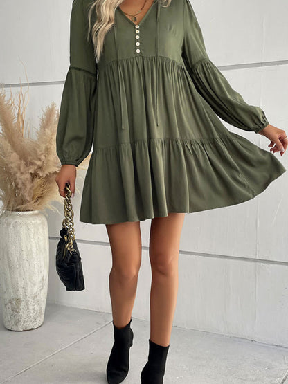 Tiered Mini Dresses- Solid Tiered Baggy Lantern Sleeve Mini Dress- - Pekosa Women Clothing