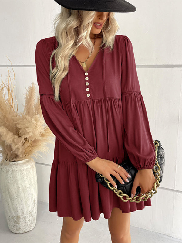 Tiered Mini Dresses- Solid Tiered Baggy Lantern Sleeve Mini Dress- Wine Red- Pekosa Women Clothing