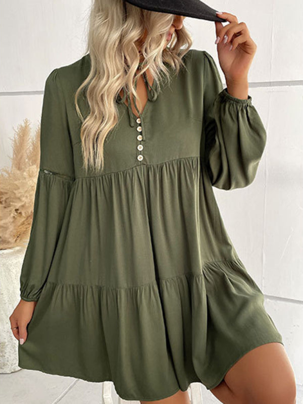 Tiered Mini Dresses- Solid Tiered Baggy Lantern Sleeve Mini Dress- - Pekosa Women Clothing