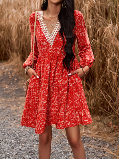 Tiered dresses- Floral Tiered Lace V-Neck Long Sleeve Flowy Mini Dress- - Pekosa Women Clothing