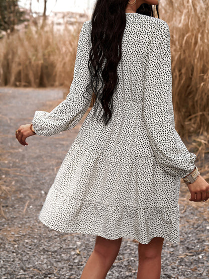 Tiered dresses- Floral Tiered Lace V-Neck Long Sleeve Flowy Mini Dress- - Pekosa Women Clothing