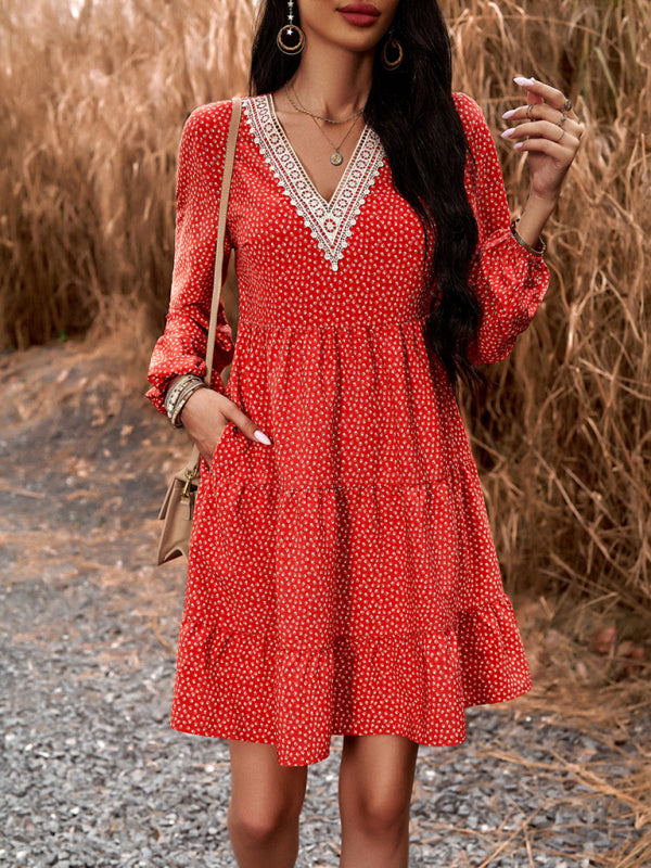 Tiered dresses- Floral Tiered Lace V-Neck Long Sleeve Flowy Mini Dress- - Pekosa Women Clothing