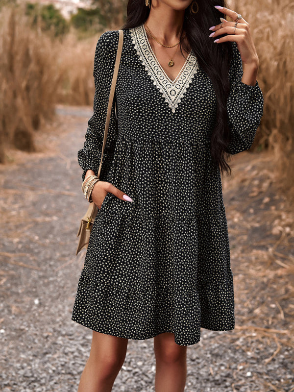 Tiered dresses- Floral Tiered Lace V-Neck Long Sleeve Flowy Mini Dress- - Pekosa Women Clothing