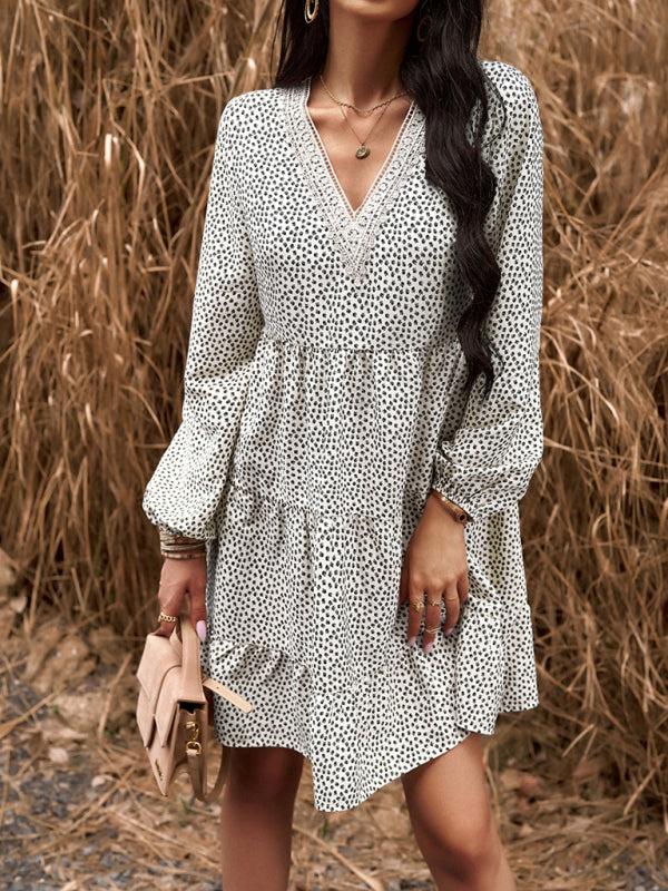 Tiered dresses- Floral Tiered Lace V-Neck Long Sleeve Flowy Mini Dress- - Pekosa Women Clothing