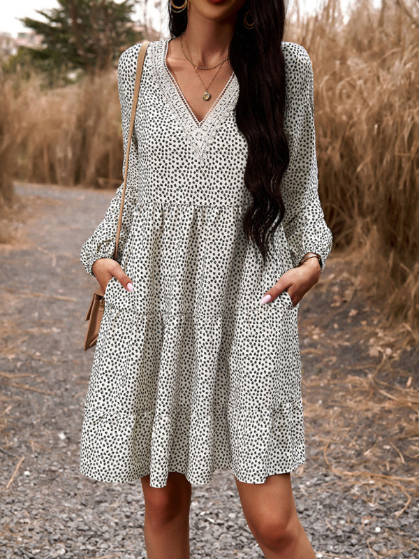 Tiered dresses- Floral Tiered Lace V-Neck Long Sleeve Flowy Mini Dress- - Pekosa Women Clothing