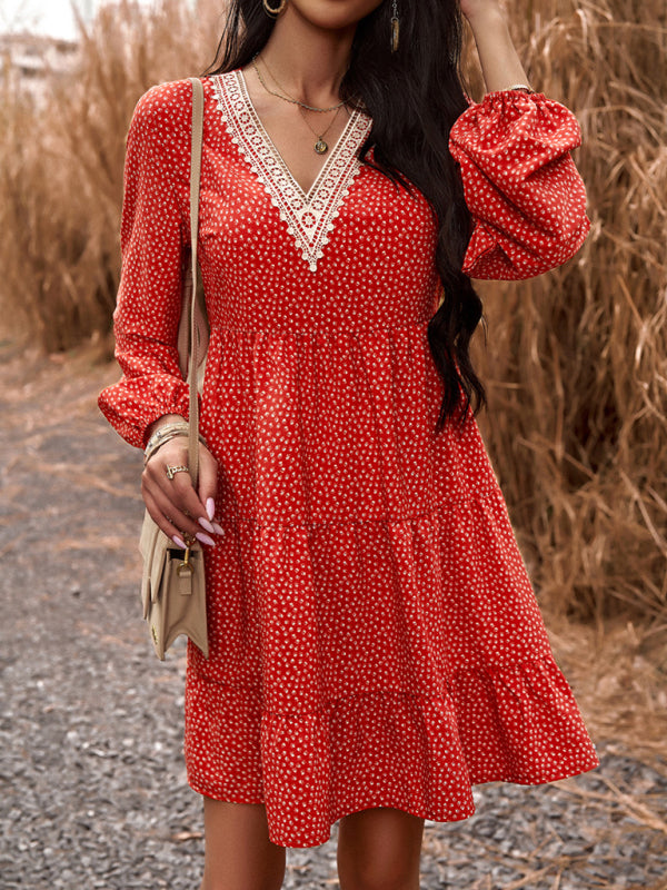 Tiered dresses- Floral Tiered Lace V-Neck Long Sleeve Flowy Mini Dress- Red- Pekosa Women Clothing