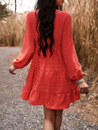 Tiered dresses- Floral Tiered Lace V-Neck Long Sleeve Flowy Mini Dress- - Pekosa Women Clothing