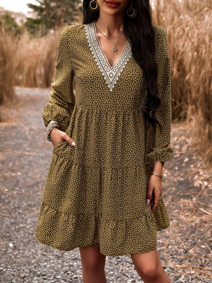 Tiered dresses- Floral Tiered Lace V-Neck Long Sleeve Flowy Mini Dress- Brown- Pekosa Women Clothing