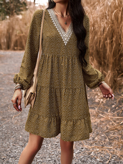 Tiered dresses- Floral Tiered Lace V-Neck Long Sleeve Flowy Mini Dress- - Pekosa Women Clothing