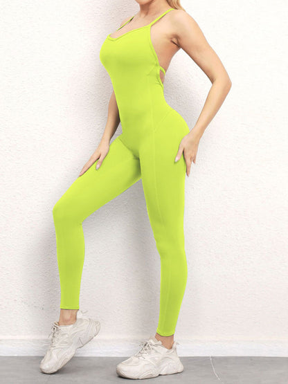 Tight Pantsuits- Solid Butt Lifting Tight Jumpsuit Unitard- Yellow green- Pekosa Women Clothing