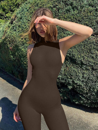 Tight Playsuits- Full-Length High Neck Playsuit - Sport Solid Ribbed Jumpsuit- Brown- Pekosa Women Clothing