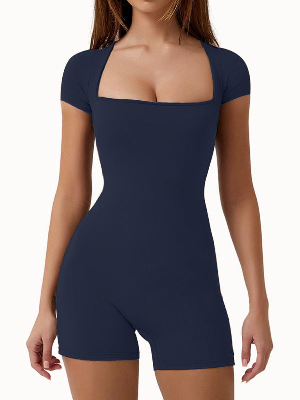 Tight Playsuits- Solid Tight Playsuit for Women - Short Sleeve Unitard Romper- Champlain color- Pekosa Women Clothing