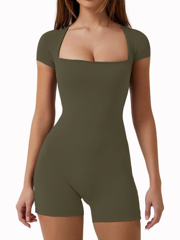 Tight Playsuits- Solid Tight Playsuit for Women - Short Sleeve Unitard Romper- Olive green- Pekosa Women Clothing